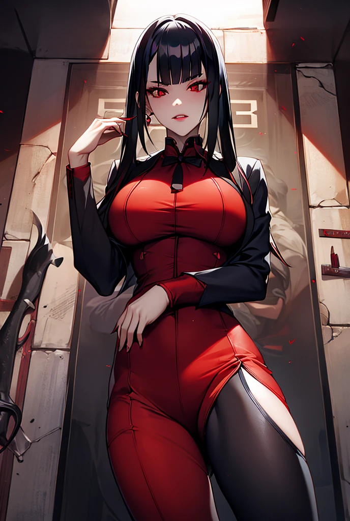 独奏, 1 , vampires, anatomically correcte, best qualityer, shorth hair,Bblack hair, bangss, hair covering, red eye big breasts, aretes, winter clothing.