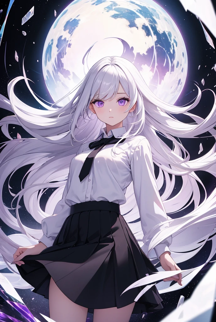 Berry Kwai, With white hair illuminating the surrounding galaxy, Eyes with star-shaped pupils, Viola, In the fetal position, Emphasize hair and the surrounding starry sky