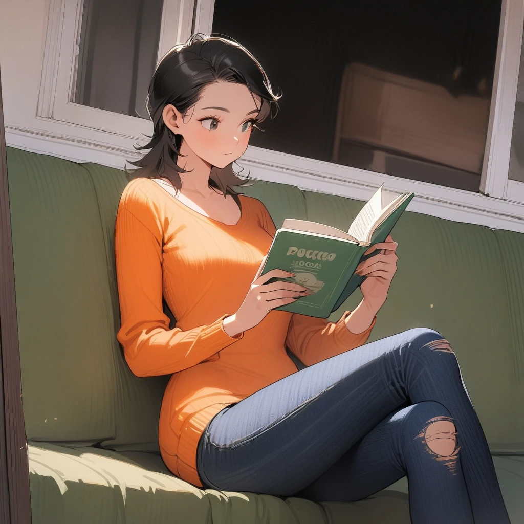 1womanl, Brunetette, latina, long straight black hair, forearm and thigh tattoo, slim, gorgeous face, sitting not sofa, reading a book, porch of home, Beautiful legs, provocative look, orange sweater, short ripped jeans