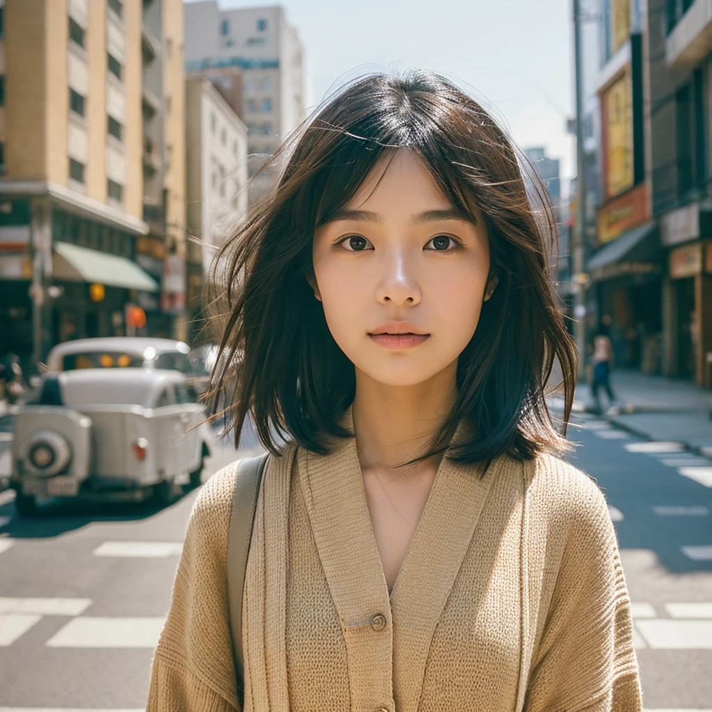 A hyper-realistic image of a single Japanese woman in her early 20s, captured with the nostalgic warmth and subtle graininess of a film camera. She stands against the backdrop of a bustling city street, where soft, diffused natural light filters through buildings, casting gentle shadows and creating a timeless, organic feel. Her skin has a warm beige tone with a natural, slightly rough texture that includes visible pores, fine lines, and subtle imperfections such as small blemishes, adding to the authenticity of her appearance. Her straight, glossy black hair frames her face in a natural, slightly tousled manner, and her deep brown eyes reflect the ambient city lights, adding depth and emotion. The film camera effect introduces a slight grain and a softer focus, blending the urban landscape into a warm, nostalgic atmosphere while maintaining the realistic texture of her skin. She is dressed simply yet stylishly, blending naturally into the vibrant city scene, with the overall composition designed to evoke a sense of genuine, understated elegance. The use of natural light, combined with the film-like qualities and the urban background, ensures that this image captures the imperfections that make her beauty truly lifelike, focusing solely on this one individual amidst the city's charm.