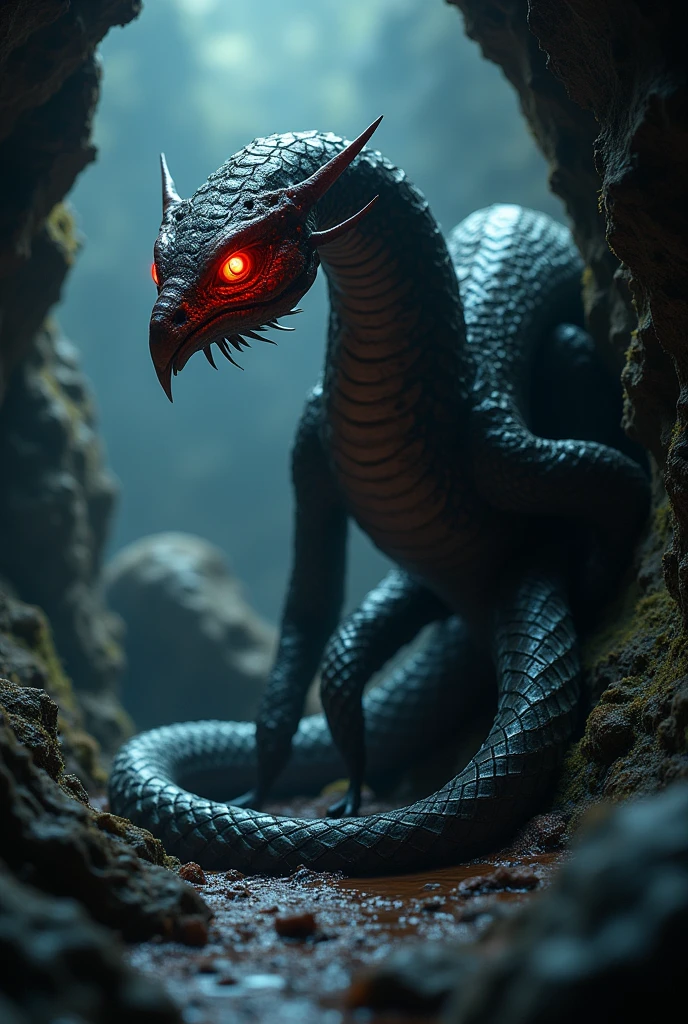**Prompt:** Create an ultra-realistic 8K resolution image of a Basilisk, the legendary serpent-like creature from mythology, in a dark, ominous cave setting. The Basilisk has a massive, coiled body covered in glistening, dark scales that reflect the dim light filtering through the cave. Its head is large and menacing, with sharp, elongated fangs protruding from a gaping maw. The creature's eyes glow a fiery orange, exuding an aura of lethal power, capable of turning any living being to stone with a single gaze. The Basilisk's body is adorned with sharp, spiky ridges along its spine, and its forked tongue flicks out menacingly. The background features jagged stalactites hanging from the cave ceiling, with shadows that add to the overall sense of dread and danger. The atmosphere is thick with mist and the ground is wet, emphasizing the creature's terrifying presence in its lair.