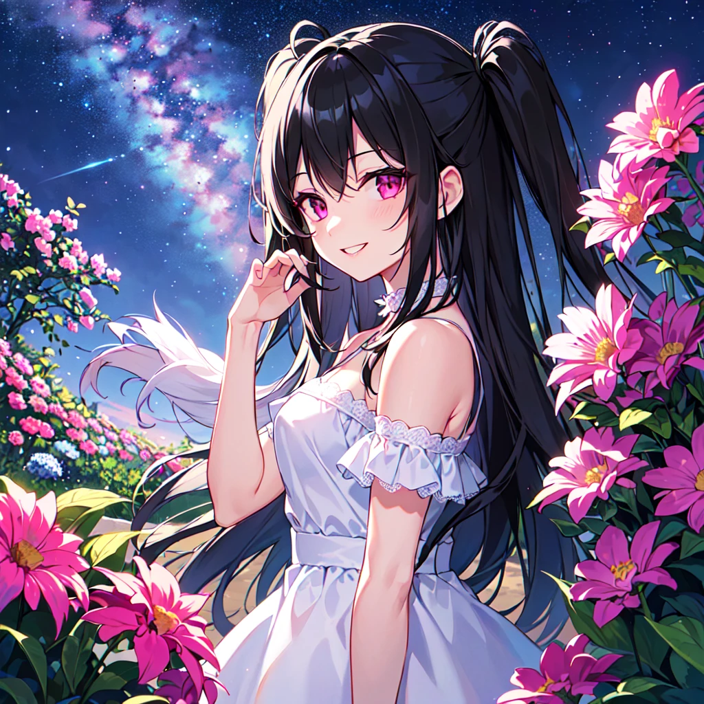 masterpiece, best quality, high quality, extremely detailed, very delicate and beautiful, (1 female 18 years old solo:1.5), (long black hair up to waist with two side up:1.5), bangs to eyebrows, eyes Eyes sharp and strong, glossy, eyebrows glossy, (eye color magenta:1.3), 6.5 head height, (summer mountaineering outfit:1.3), (smiling), (walking:1.3), (dynamic pose), (background summer mountain flowers forest:1.3) ,(Milky Way Night Sky:1.3)