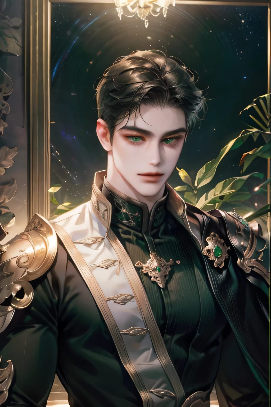 a charming full body man, emperor, gentle, wearing a black green armor, green eyes, short black hair, standing in hallway, galaxy scenery, mouth closed, light smile, full body, fair skin, masculine face, stern look, (best quality,4k,8k,highres,masterpiece:1.2),ultra-detailed,(realistic,photorealistic,photo-realistic:1.37),HDR,UHD,studio lighting,ultra-fine painting,sharp focus,physically-based rendering,extreme detail description,professional,vivid colors,bokeh,portrait