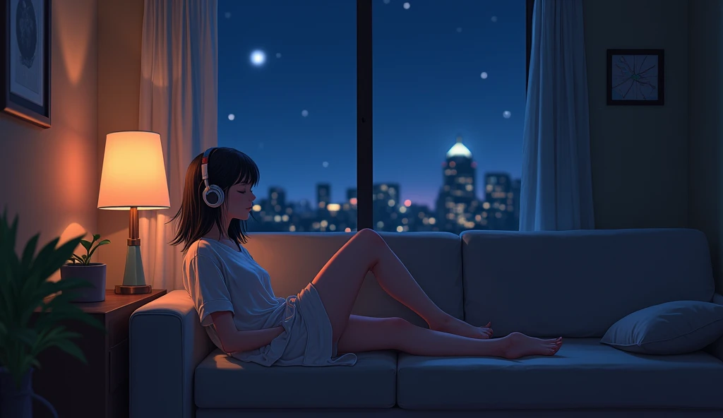 night、Listening to music in a cozy room, Using headphones, 2d anime style, Low Fidelity, harddisk, Dark Environment、Emo、it&#39;It's raining outside、Large Breasts、You look well