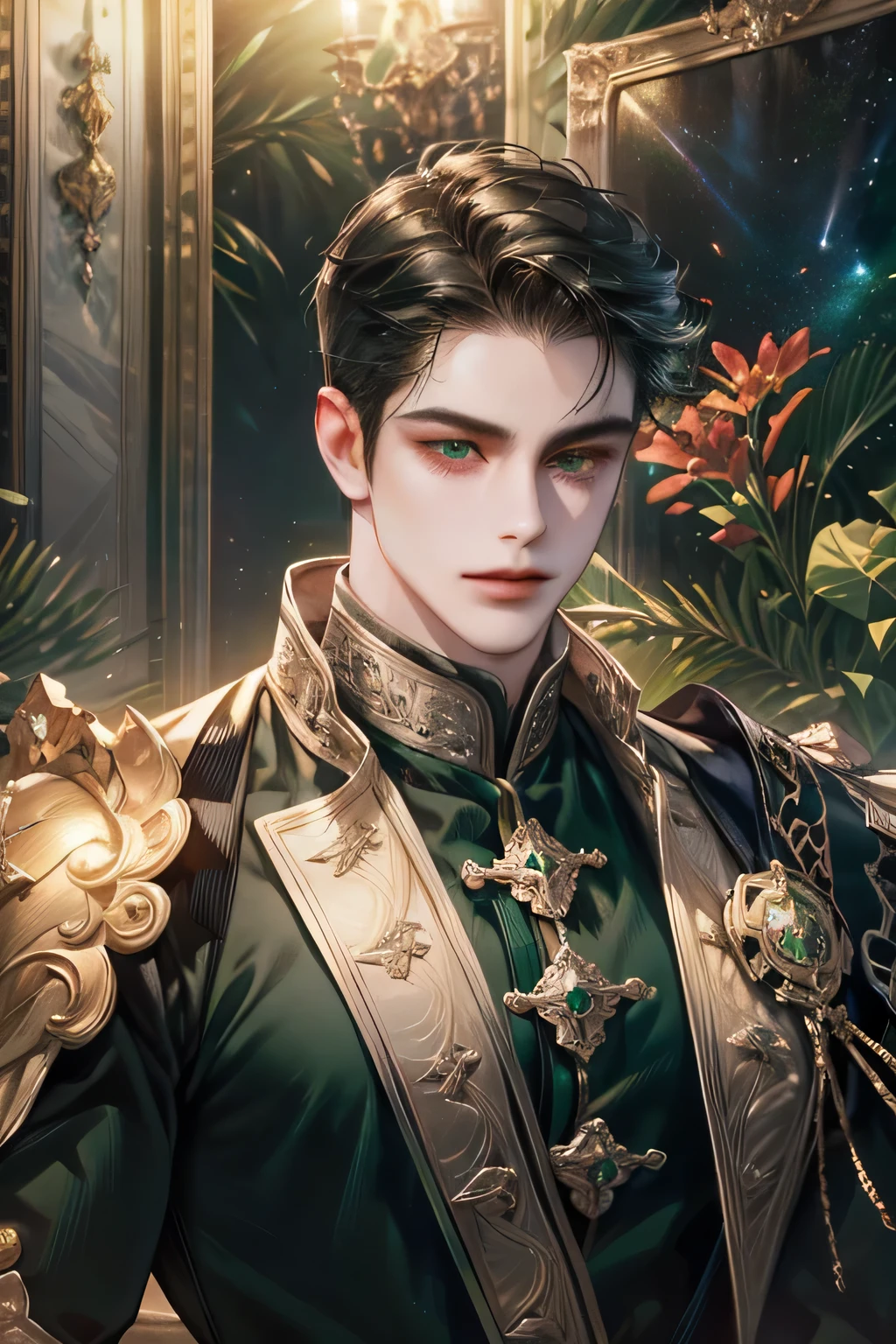 a charming full body man, emperor, gentle, wearing a black green armor, green eyes, short black hair, standing in hallway, galaxy scenery,  mouth closed, light smile, full body, fair skin, masculine face, stern look, (best quality,4k,8k,highres,masterpiece:1.2),ultra-detailed,(realistic,photorealistic,photo-realistic:1.37),HDR,UHD,studio lighting,ultra-fine painting,sharp focus,physically-based rendering,extreme detail description,professional,vivid colors,bokeh,portrait