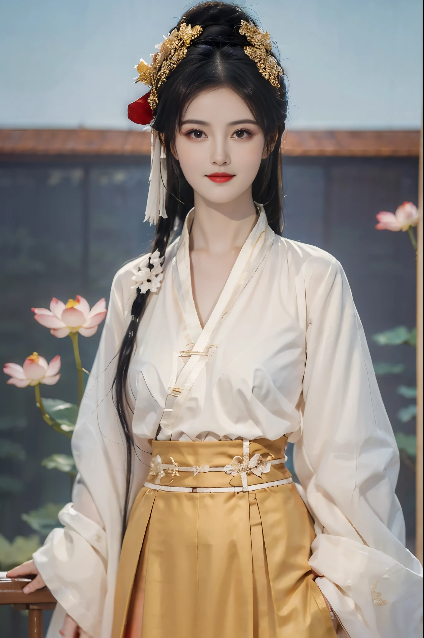 best quality,masterpiece,high resolution,(Delicate figure:1.5),Beautiful face,(Milky white skin:1.3),Intricate details,high resolution,wallpaper,2 Girls,A smile all alone,skirt,Hair accessories,(((gold and red skirt))),Flowers,Long hair,Brown hair,Shut up,Jewelry,Long sleeve,Wide sleeves,big eyes,Flowing hair,Chinese clothes,Hanfu,embroidery,Long skirt,Natural posture,Falling Flowers,indoor,Fanning,lantern,16K,HDR,high resolution,Depth field,(Film Grain:1.1),This book,Prime Time,(lens flare),Vignette,rainbow,(Color grading:1.5),(Large Breasts:1.2),(Upper Body:1.3),Looking at the audience,