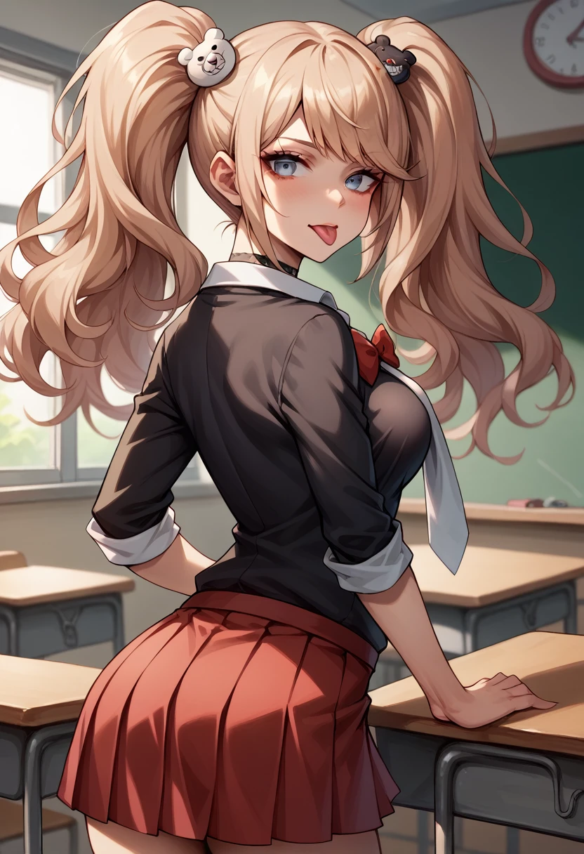 score_9, score_8_up, score_7_up, BREAK, score_9, enoshima junko, tongue out, breasts, twintails, bear hair ornament, school uniform, black shirt, white necktie, red bow, sleeves rolled up, red skirt, choker, looking at viewer, cowboy shot, looking back, from behind, classroom