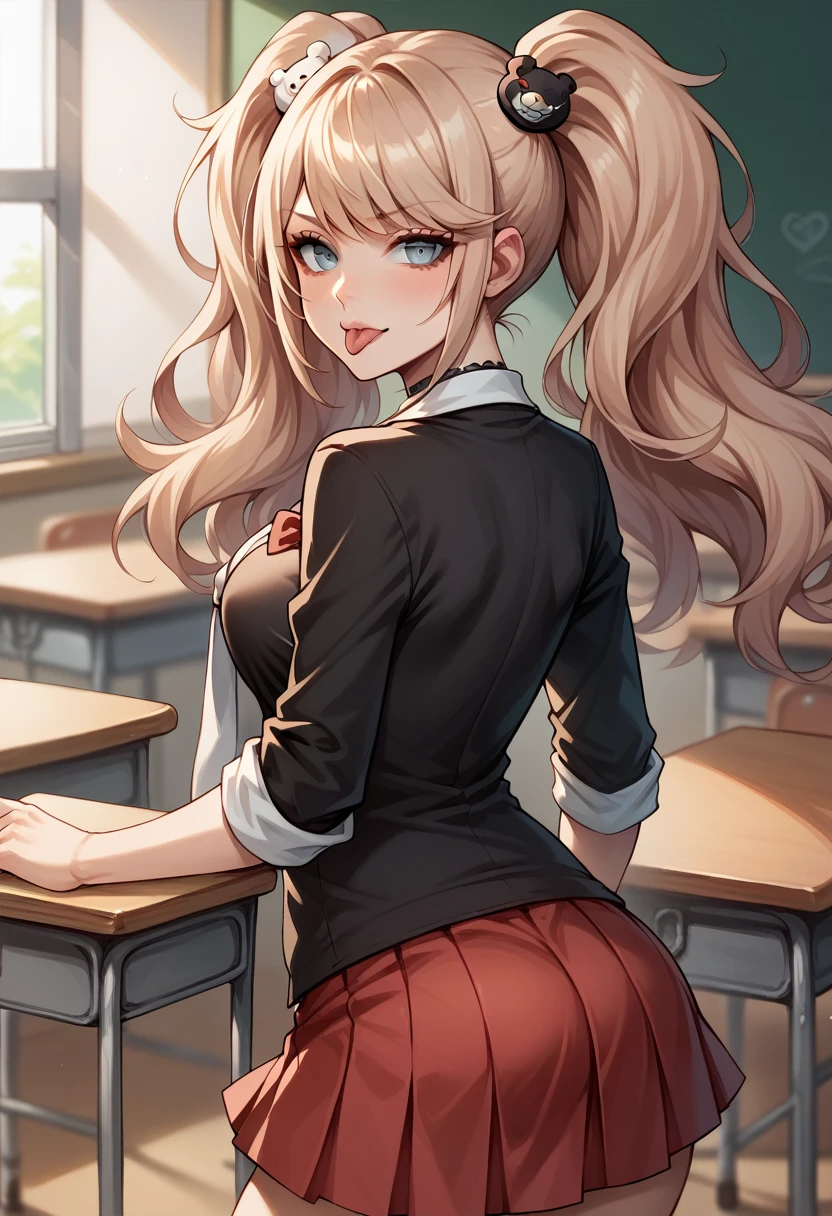 score_9, score_8_up, score_7_up, BREAK, score_9, enoshima junko, tongue out, breasts, twintails, bear hair ornament, school uniform, black shirt, white necktie, red bow, sleeves rolled up, red skirt, choker, looking at viewer, cowboy shot, looking back, from behind, classroom