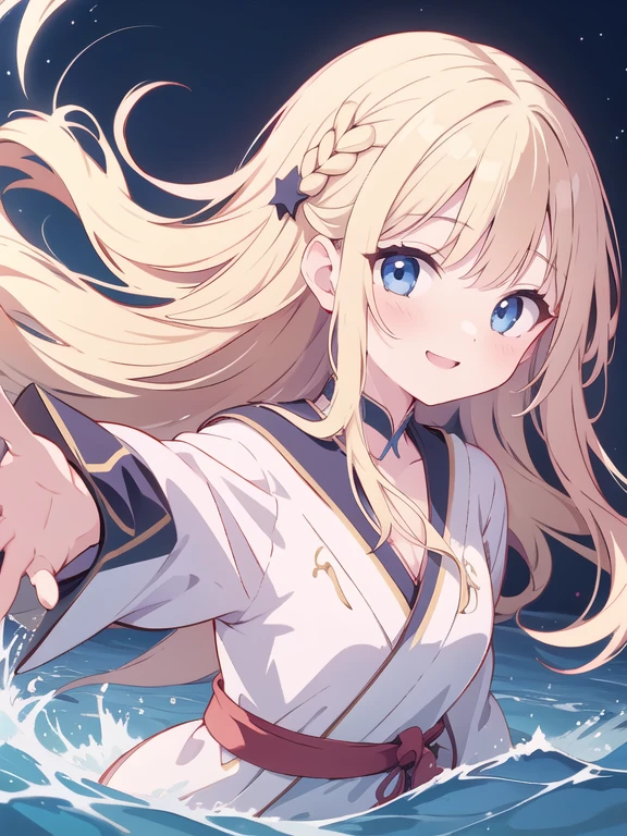 masterpiece, alone, anime, Absurd, Detailed face, Perfect Eyes, （Flat Chest、cute、、Blue Eyes、Long wavy blonde hair、smile）、Wizard Robe、Use magic、The girl is floating on the water、Ripples underfoot