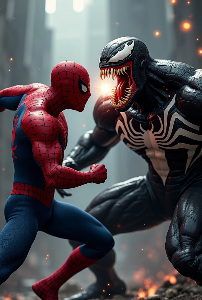 One spiderman punching venom at left side face and other spiderman punching venom at right side face