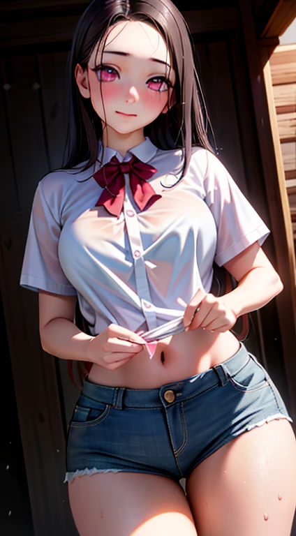 High resolution, Highest quality, super high quality, Very detailed, 8K、(underwear:1.2)、、Embarrassing、Sweaty、Sweat、Embarrassing、(masterpiece:1.2, Highest quality), (Realistic, photoRealistic:1.4), Beautiful illustrations, (Natural Side Lighting, Cinema Lighting), View your audience, whole body, 1 Girl, Japanese, high school girl, Perfect Face, Cute and symmetrical face, Shiny skin, Baby Face, (short hair, Low Twintails,Black Hair), Hair between the eyes, black eye, Big eyes, Droopy eyes, (Center of chest, Captivating thighs, Big Ass)、(Glasses:1.2)