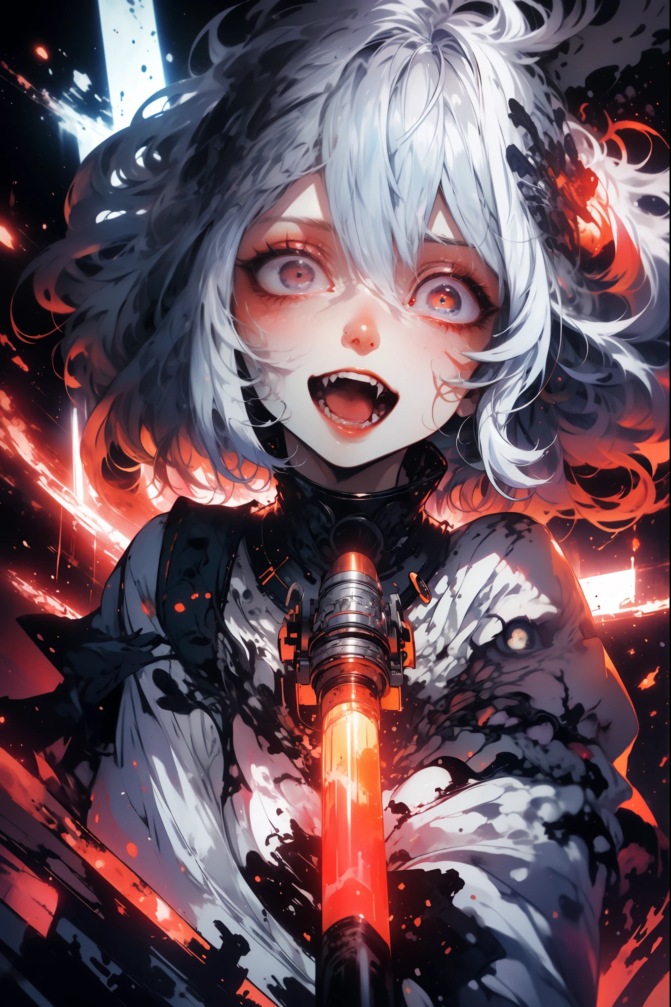 (masterpiece, highest quality, high resolution, official art, beautiful and aesthetic: 1.2), cute, highly detailed, abstract: 1.4, (silver hair: 1.1), dilated pupils, singing while playing electric guitar, singing with mouth wide open, portrait, death metal band.