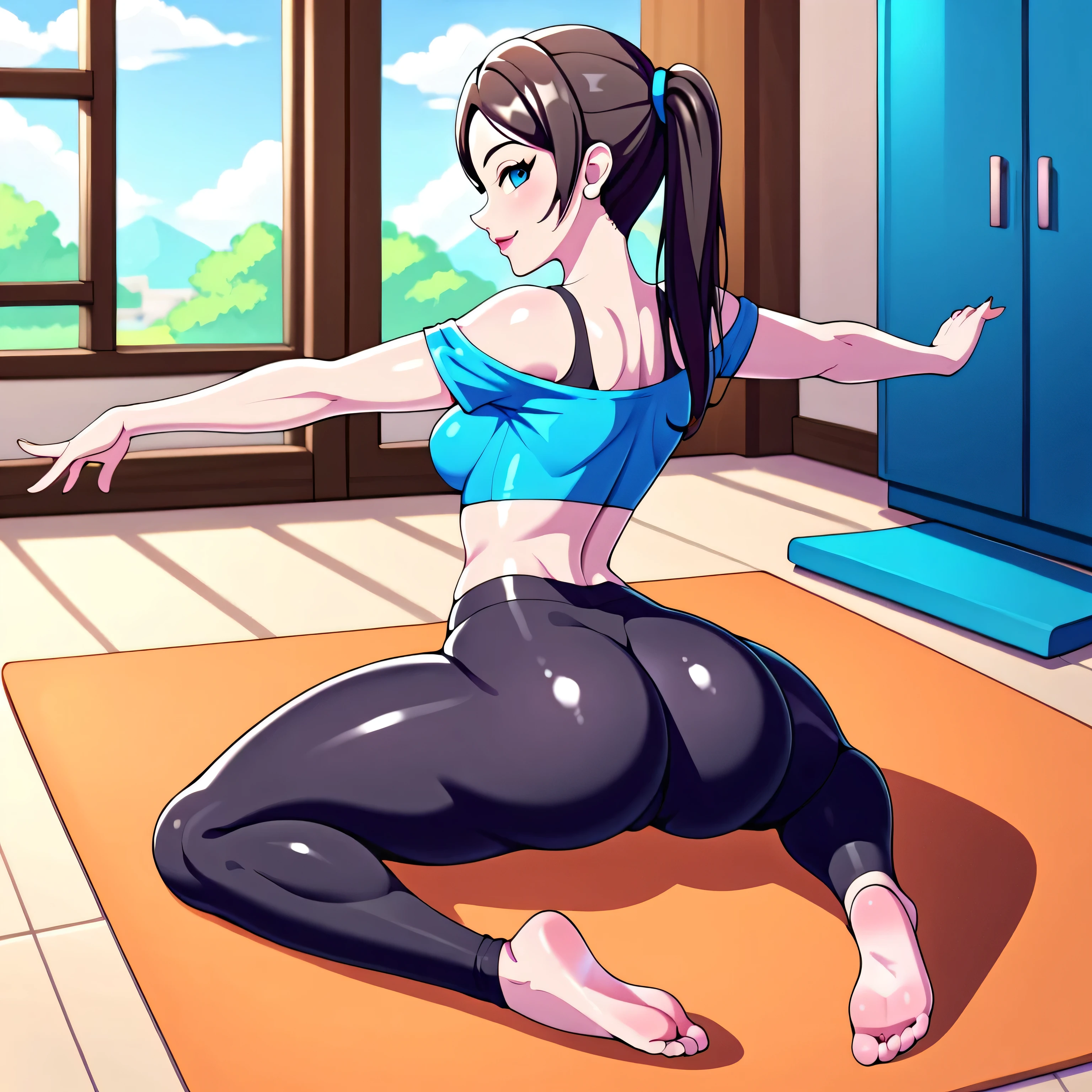 1woman, Solo, ((Wii-Fit Trainer)), full body, tight leggings, cropped shirt, off-shoulder, big , in the downward dog position, stretching legs, teasing the viewer, High Resolution, Anatomically Correct, HD, High Details, High Quality, UHD, Digital Art