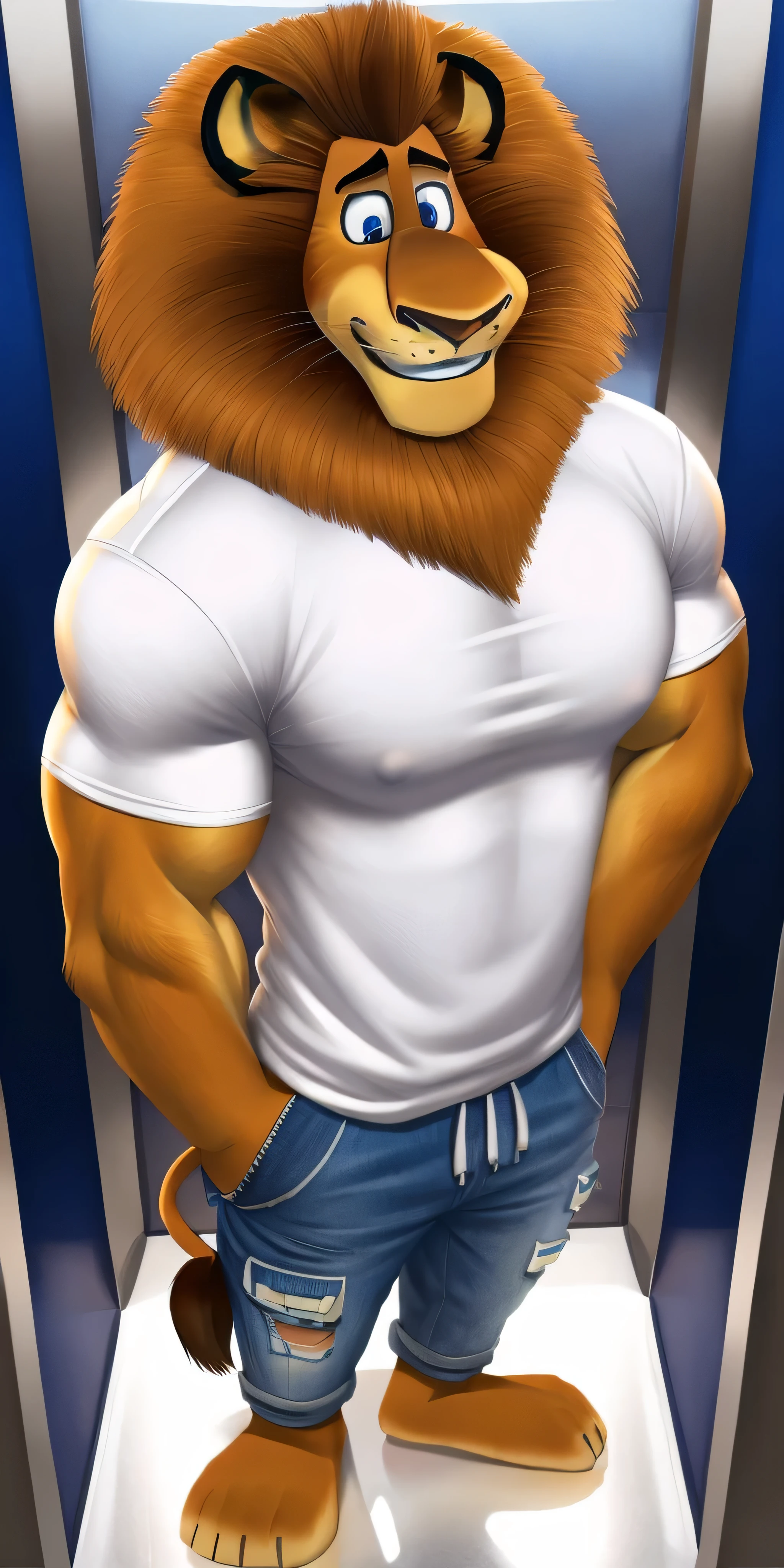 Alex the Lion, muscular body, big biceps, extremely beautiful and cute face, perfectly detailed blue eyes with perfectly detailed pupils, wears white t-shirt, blue varsity jacket, denim cargo shorts, bare feet, elevator background, selfie, the kind of obedient, well-mannered, cultured, affectionate, a little shy and timid good boy, cutest and kindest smile