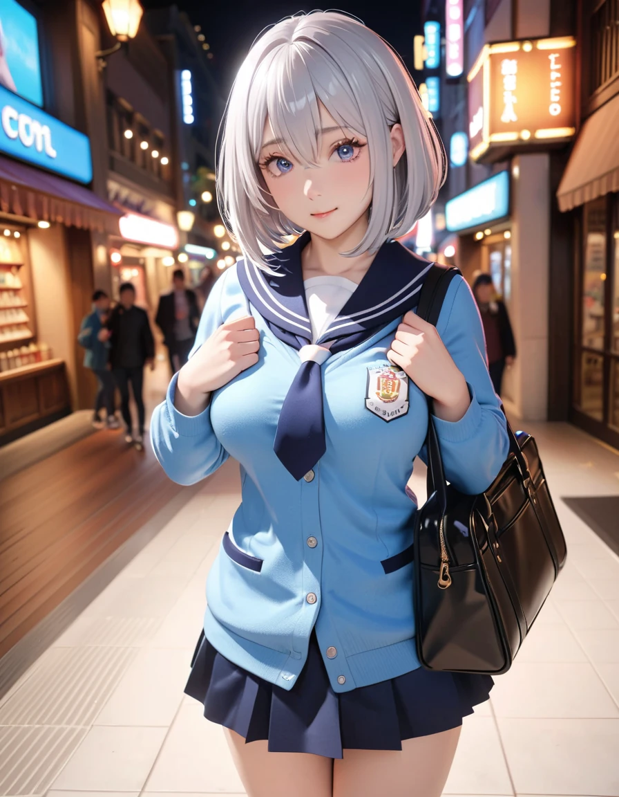 masterpiece, glowing particles, ambient lights, cute, 8K, hdr, high details, perfect lighting, perfect anatomy, BREAK (shiny silver hair:1.2), (bob cut, bang between eyes, beautiful hair), (glossy silver eyes:1.5), (beautiful eyes, twinkle eyes, large eyes), (athlete body, large breasts), cute face, beautiful face, pretty face, beautiful, best quality, good anatomy, long eyelashes, expressive eyes, Perfect Hands, perfecteyes, BREAK high school uniform, cardigan, city walk, holding school bag,