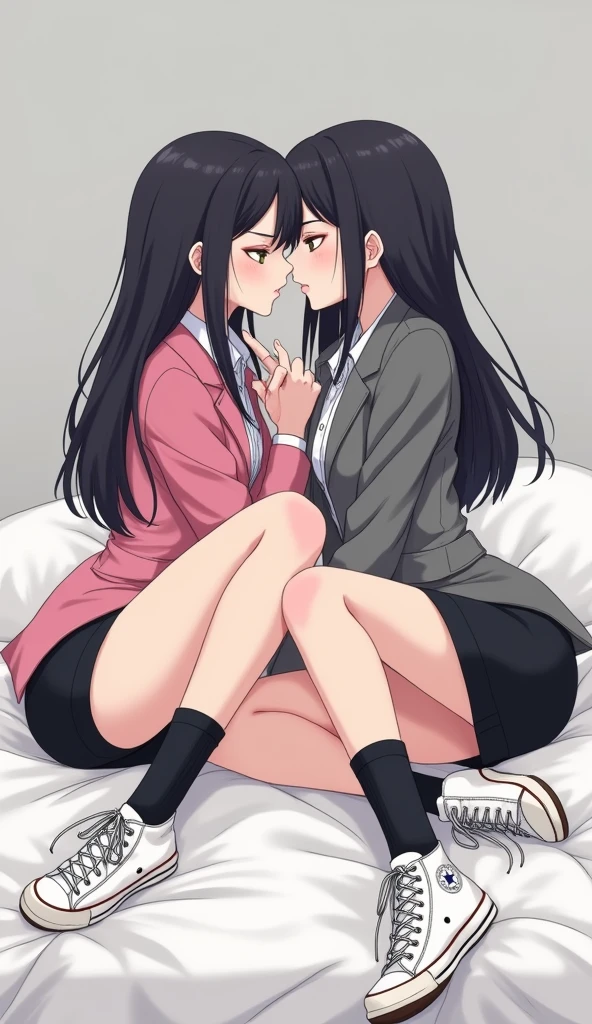 Two girls, long black hairs, yuri, lesbian
(The first girl wear a pink suit jacket, white shirt, black pencil skirt, black underpants, black tights, white socks, white sneakers high top)
(The second girl wore a grey suit jacket, white shirt, black pencil skirt, black underpants, black tights, white socks, white sneakers high top)
french kiss, lesbian kiss, hugging kiss, sensual body, closed eyes, light blue living room, novel cartoon, 4K, HD
