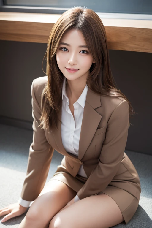 Highest quality, Realistic, Very detailed, finely, High resolution, 8k wallpaper, One beautiful woman,, Light brown messy hair, Wear a business suit,Wearing a slit skirt、 Sharp focus, Perfect dynamic composition, finelyて美しい目, Thin Hair, Detailed and Realistic skin texture, smile, Model body type、Beautiful feet、I&#39;Terrace m、talk、Chatting