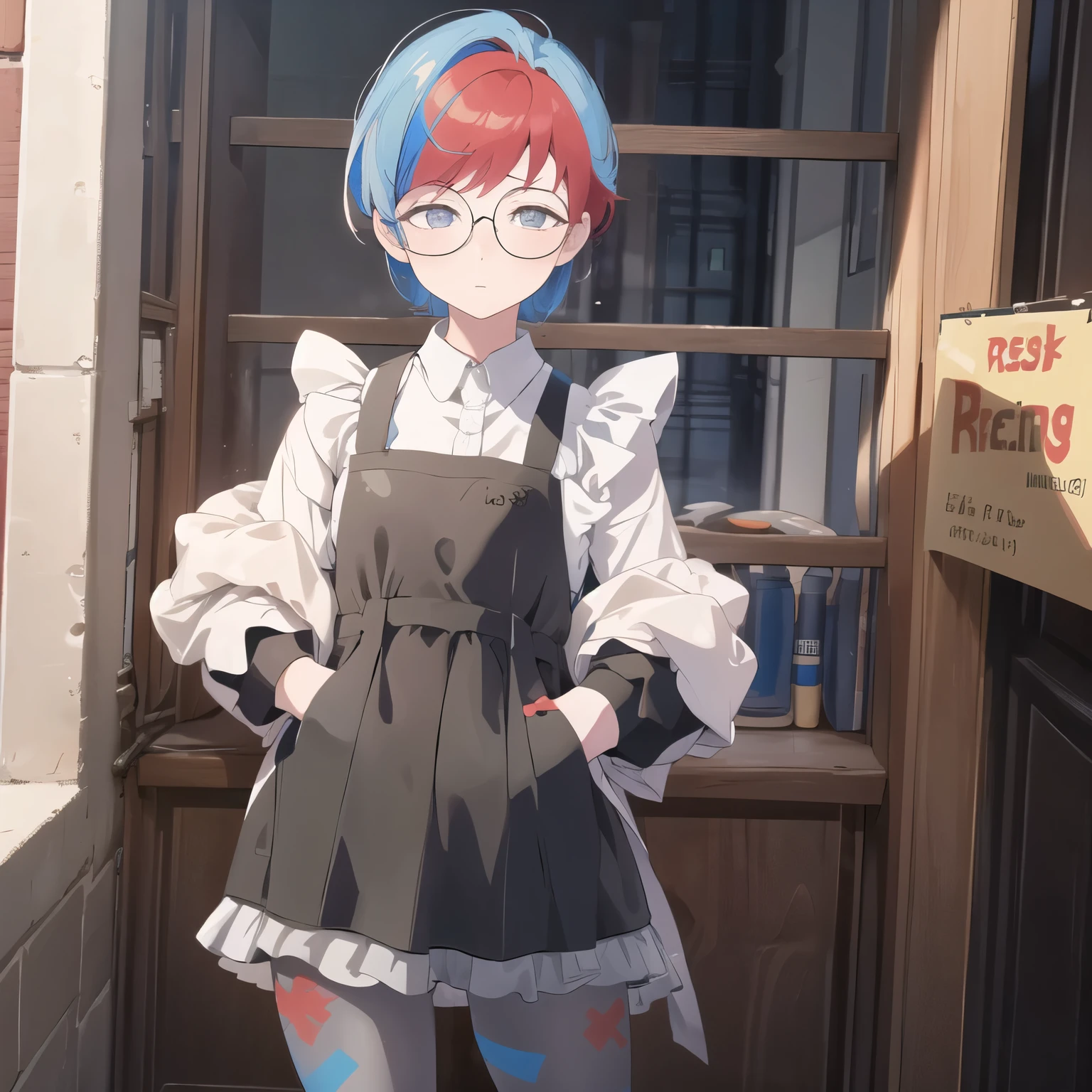 ((masterpiece,best quality)), absurdres,   Penny_Pokemon, 1girl, multicolored hair, two-tone hair, red hair, blue hair, grey eyes,  round eyewear, grey pantyhose, hand in my pocket, solo, Embarrassed, {maid:1.40}, {maid dress:1.15}, frilled apron, looking at viewer,  cowboy shot, contrapposto,   