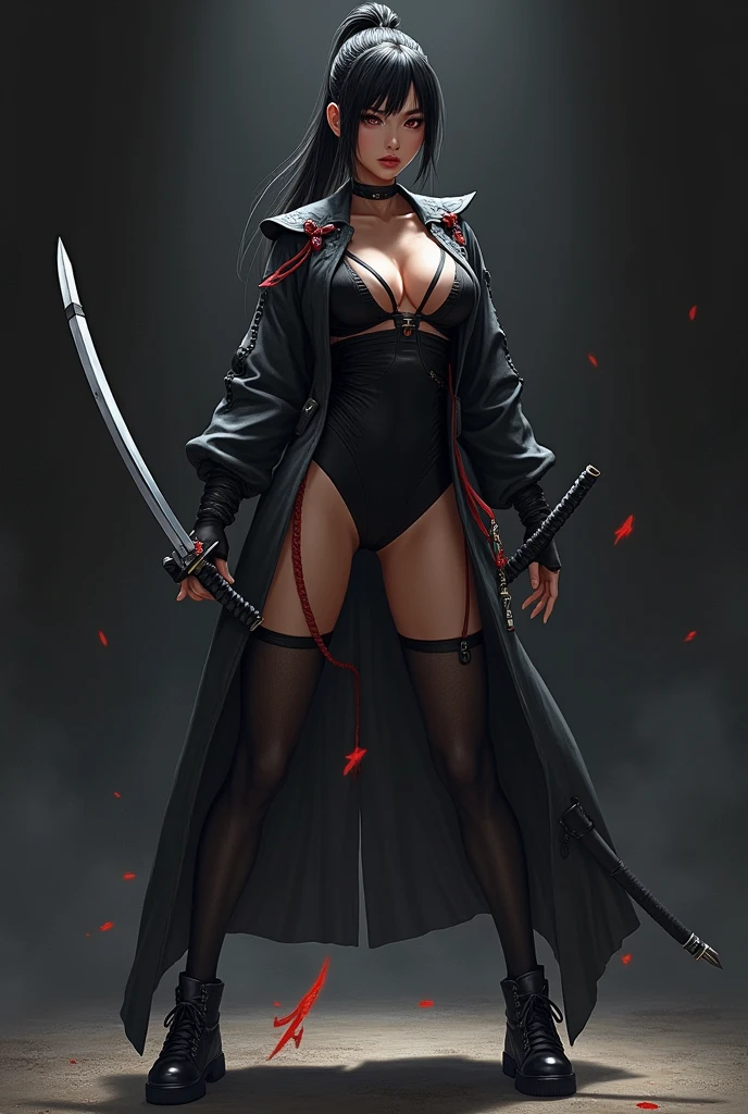 ((full body photo, standing, feet on the ground)), Luriana is very modern, (black with details in red/blouse), black skirt, well-defined body, she wears one (Oni mask with demonic face on her face), looking directly at the viewer, smiling, she is in a forest at night with full moon in the sky, she has (short white hair, blue eyes), closed hand, closed fists, is holding a Katana., 16k, highres, award winning, best quality, super detail, super detail, textured skin, ccurate, UHD, masterpiece, anatomically correct
