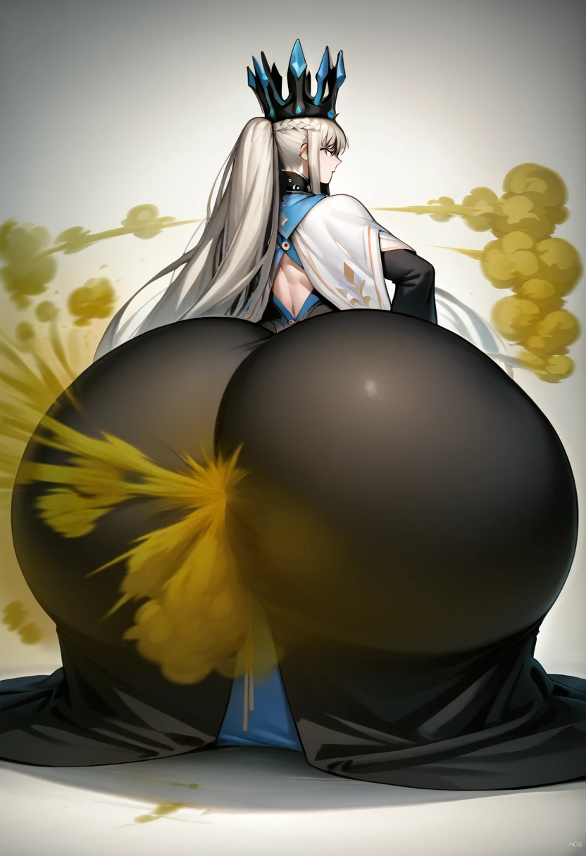 Highest quality, masterpiece, High Resolution, 1 girl, long hair, grey hair, blue eyes, very long hair, ponytail, Split ponytail, french braid, Crown, veil, spiked collar, black dress, Ass, hyper Ass, huge Ass, big ass, wide hip, gigantic ass, fart, farting, yellow_smoke, yellow_gas, sprays,