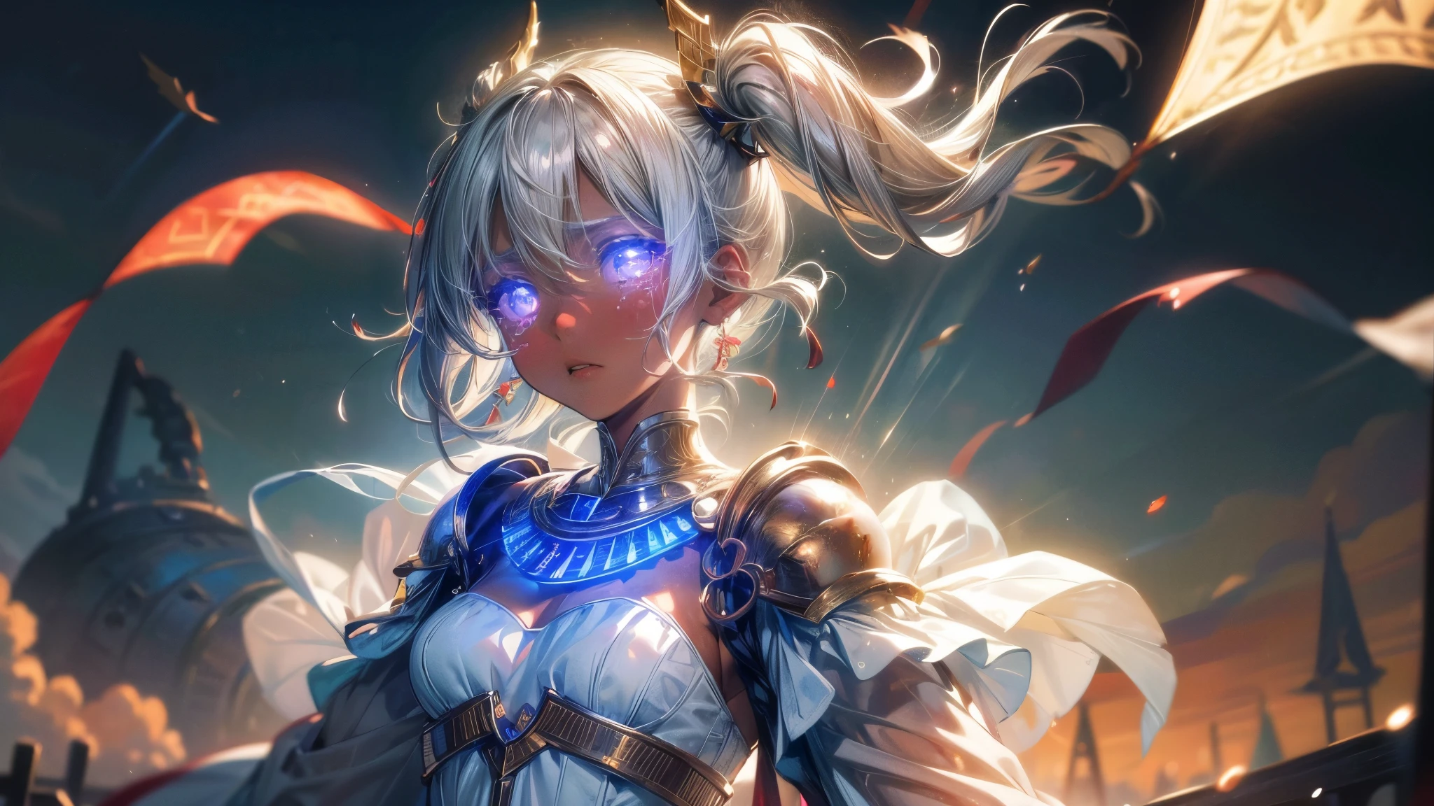 High resolution, masterpiece, Highest quality, Textured skin, Plump Skin, Glowing Skin, girl, Just One, Brown Skin, White Hair, White eyelashes, Small breasts, human, Royalty, Crescent-shaped earrings, Egyptian ornaments, Flying in the air, dress, armor, Low exposure, adult, around 20 years old, Crying out loud, Crying, Surrounded by sadness, Big tears, Twin tails, In the heavy rain