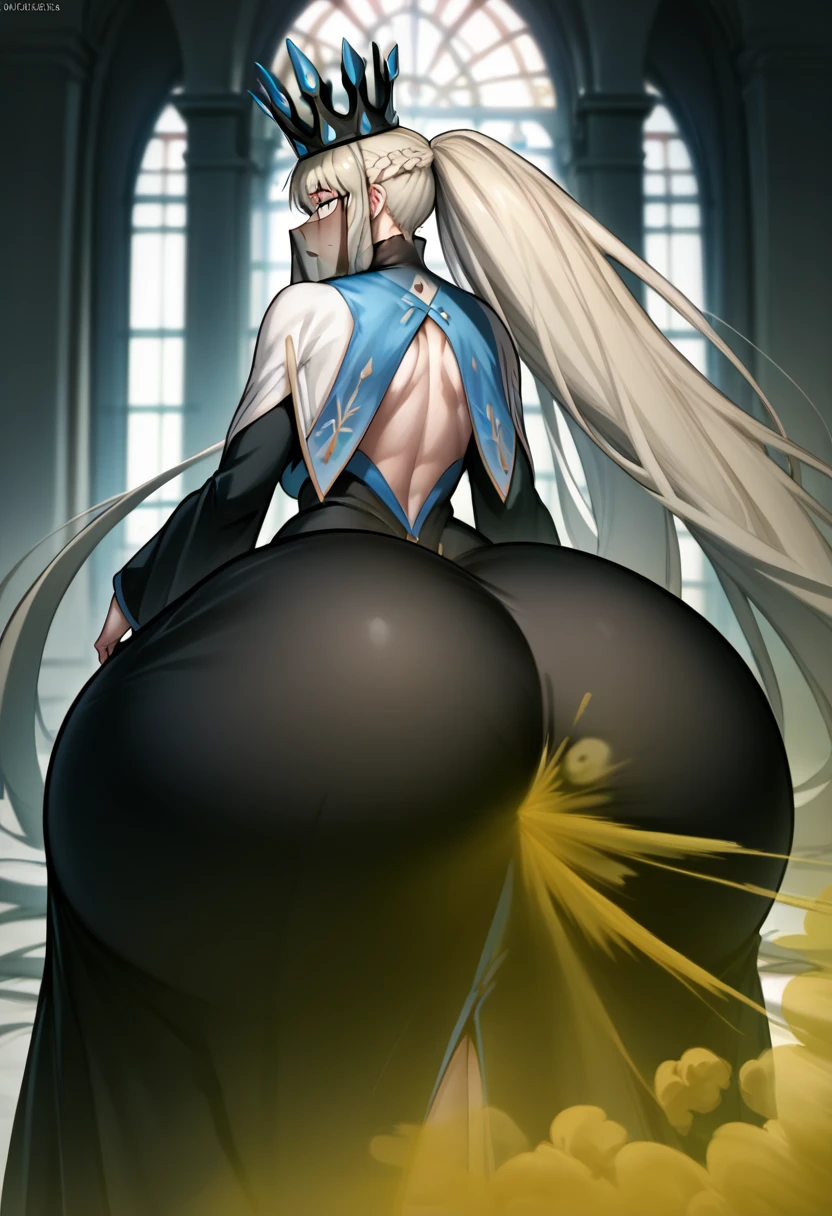 Highest quality, masterpiece, High Resolution, 1 girl, long hair, grey hair, blue eyes, very long hair, ponytail, Split ponytail, french braid, Crown, veil, spiked collar, black dress, Ass, hyper Ass, huge Ass, big ass, wide hip, gigantic ass, fart, farting, yellow_smoke, yellow_gas, sprays,