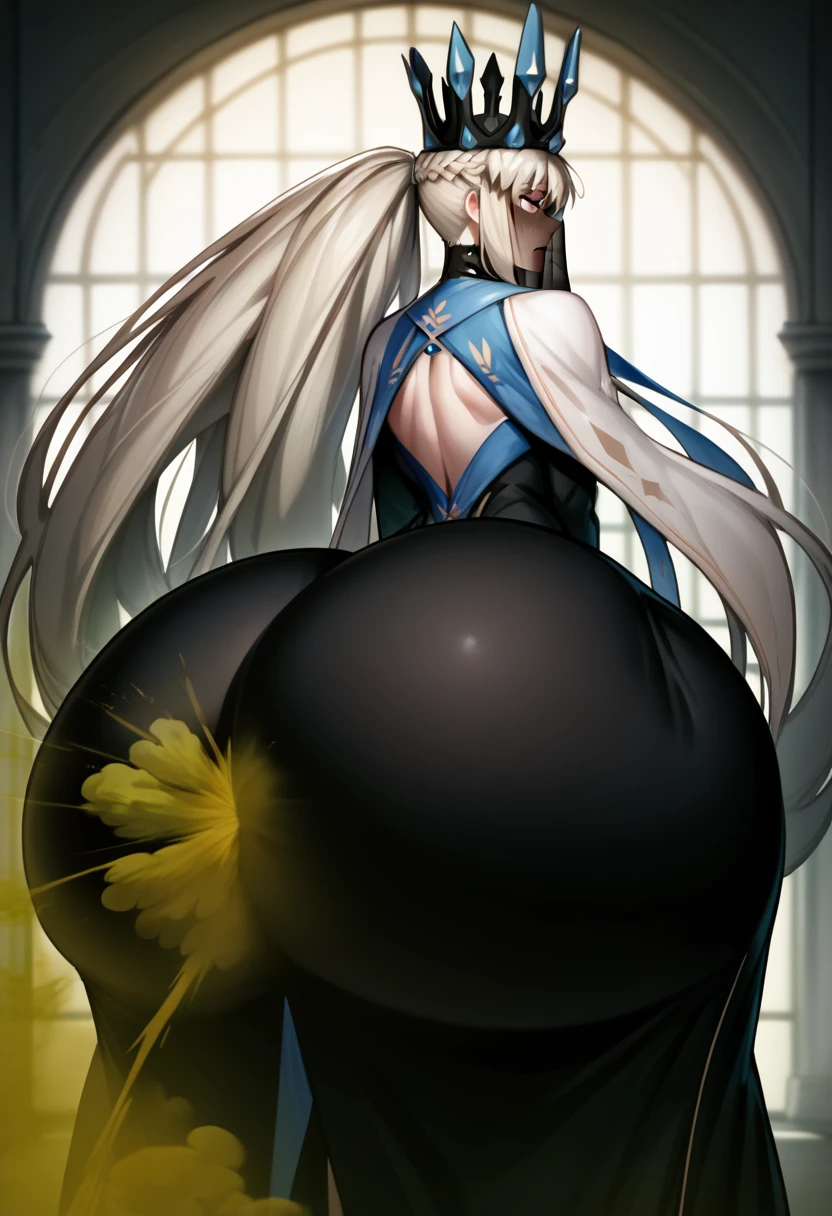 Highest quality, masterpiece, High Resolution, 1 girl, long hair, grey hair, blue eyes, very long hair, ponytail, Split ponytail, french braid, Crown, veil, spiked collar, black dress, Ass, hyper Ass, huge Ass, big ass, wide hip, gigantic ass, fart, farting, yellow_smoke, yellow_gas, sprays,