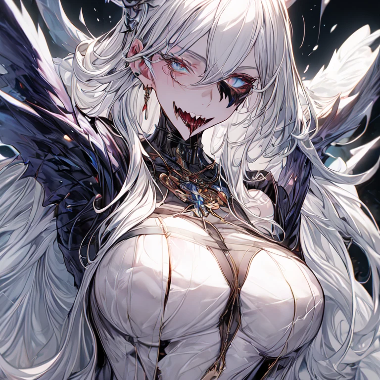 lich undead Very beautiful mature MILF with white hair, blue eyes, big breasts and UHD staff, textured skin, super detail, high detail, high quality,