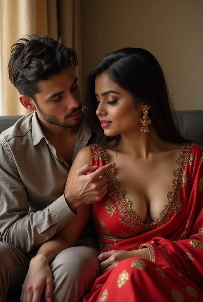 There is a 22-year-old Indian girl she is red wearing a lehenga and is sitting on her boyfriend's lap and is absolutely passionate sexy look