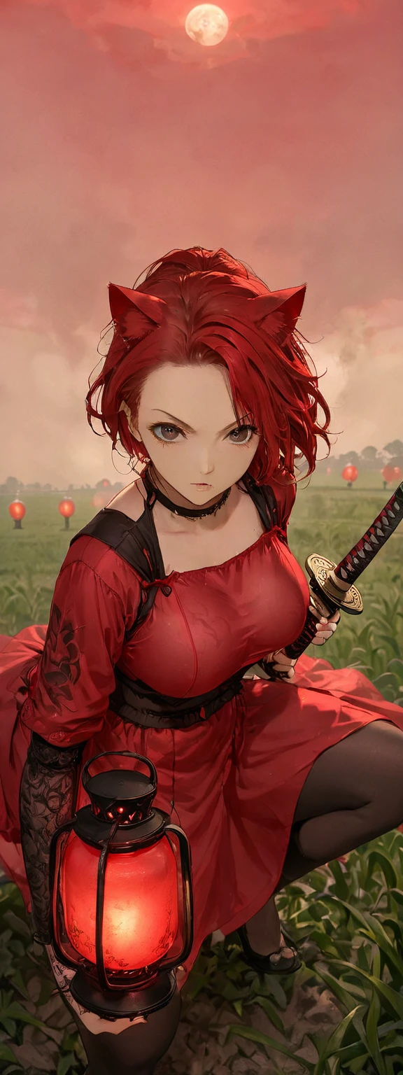 A woman is wearing a samurai outfit of shiny scarlet silk。Crouching on a lantern。Messy red short hair。forehead。Cat ear。 White Wheat Field。A world of thick fog,。Bust Shot。Dark Eyes。clothes are blowing in the wind。Serious expression。Katana on the back。Stylish pose。Many small lanterns are floating。alone。Neo Tokyo。Japan。Red Sky。Chiaroscuro,