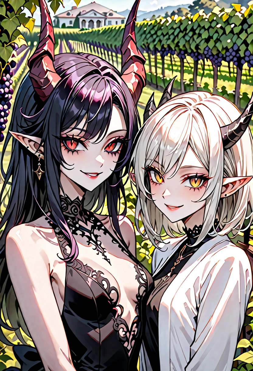 anime, 2 demonesses, green hair, red hair, red eyes, green eyes, sharp teeth, black kimono, lace stockings, big breasts, cleavage, white skin, horns, wings, red moon, bathed in blood, smeared in blood, kissing ,