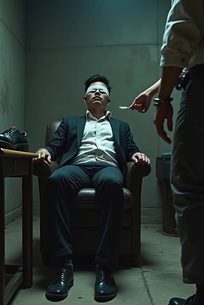 A Korean suit man tied up blindfold on chair