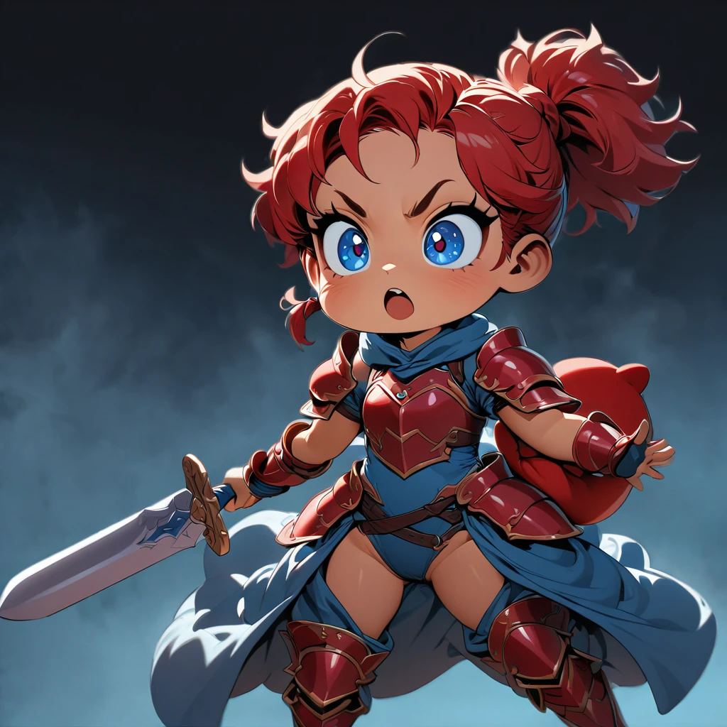  Imagine Erza as a small baby with her long red hair tied up in a tiny ponytail. She’s dressed in a miniature version of her armor, but it’s soft and plush, almost like a onesie. She’s holding a tiny toy sword, looking both fierce and adorable, cartoon style