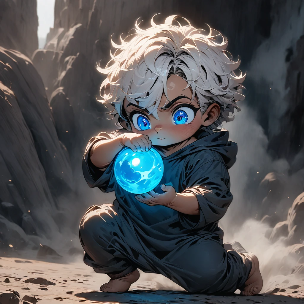 Picture Gojo as  with his signature white hair tousled and fluffy. He’s wearing a tiny black onesie with his iconic blindfold, but it's oversized and slipping down, revealing big, bright blue eyes filled with mischief. He’s holding a tiny, glowing orb of cursed energy in his tiny hands, looking both powerful and adorable at the same time, cartoon-style