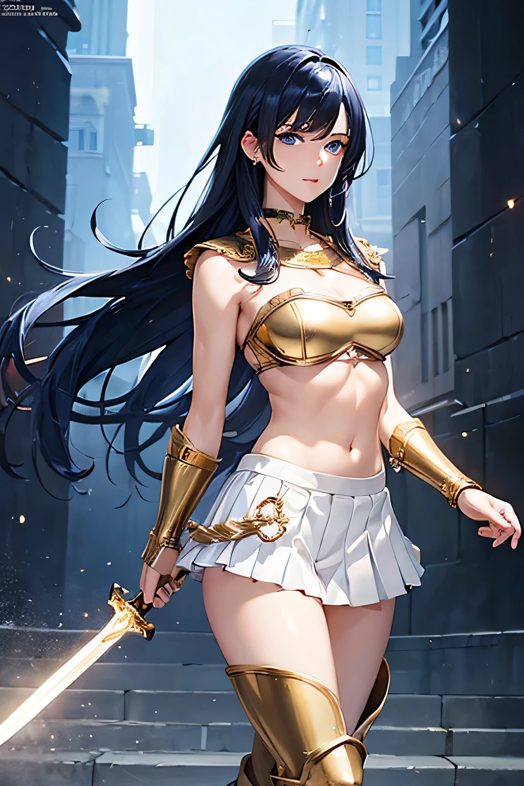 masterpiece, Highest quality, High resolution, 8K, Realistic, Very delicate and beautiful, super detailed skin, ((Fantasy)), 
BREAK portrait, 1 woman, 18 years old, Perfect female body, elegant mature woman, Beautiful woman, 
BREAK standing , full-body , toe, ((flat chest)), slender body, Cute beauty face, Ultra-fine facial texture, 
BREAK armor knight, (((bikini-type gold metal breastplate))), intricate decoration, (((crop top))), (((strapless dress))), ((Cleavage)), (((choker))), 
BRAKE (((((Thigh-length gold metal boots))))), ((gold gauntlet)), (((((white pleated skirt))))), ((white panties)), (equip a Princess Blade long sword),

BREAK (navy blue hair), long hair, silky hair, swept-side bangs, ((forehead)), 
BREAK (((navy blue eyes))), fine eyes, puffy eyes, thin eyebrows, long upper eyelashes, Upper Eye, high fidelity eyes, ((super detailed eyes)), 
BREAK (((cheerful))), ((open mouth)), 
BREAK  (((green background))), 
BREAK plain wall,realistic,photorealistic, digital painting, extremely detailed, hyperrealistic, natural lighting, dramatic lighting, 
