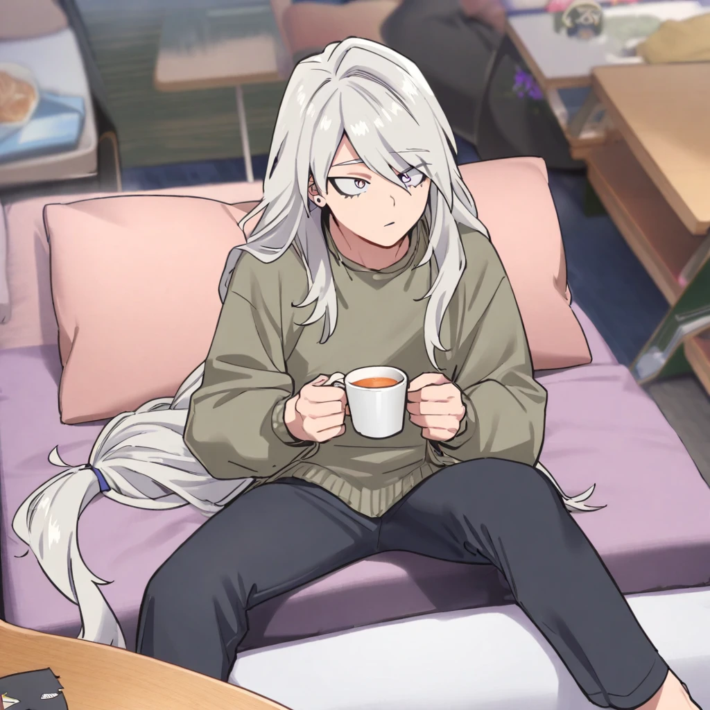 1boy, male, androgynous, my hero academia, boku no hero, silver hair, lavender eyes, super long hair, cute, wearing casual clothes, soft clothes, with friends, drinking tea, dorm lounge, cozy time