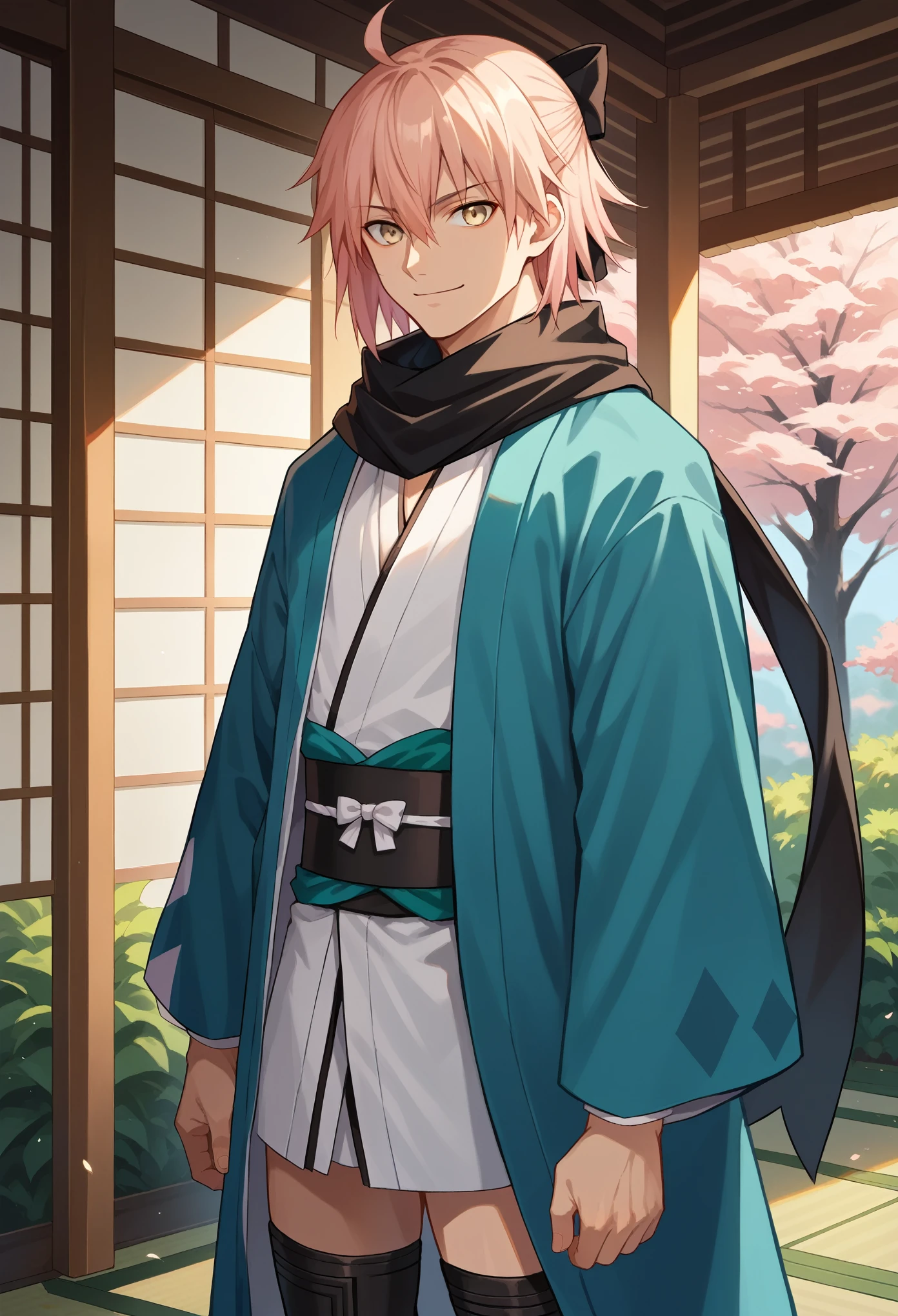 score_9, score_8_up, score_7_up, 1boy, solo, okita souji, ahoge, pink hair, hair between eyes, hair bow, short hair, yellow eyes, black scarf, black bow, japanese clothes, kimono, sash, scarf, black thighhighs, standing, slight smile, cowboy shot, looking at you, japanese garden