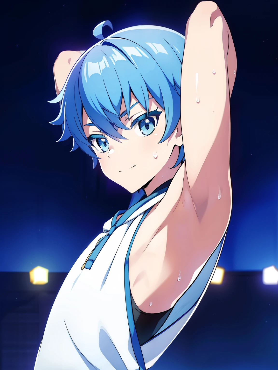 Highres, Masterpiece, Best quality at best,Best Quality,hight quality, hight detailed, Anime style, 1boy, Shota, young boy,14-years-old, chongyun, blue hair, blue eyes, short hair bangs, hair between eyes, Sleeveless hoodie, Bare shoulder, body, light smile, (Showing armpit:1.3), (very young boy), (very small and short body), Simple beckground, cute boy, Uhd, bokeh, sweat