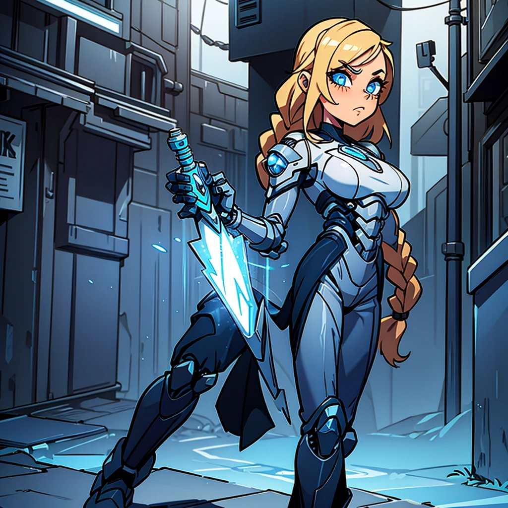 Cyborg girl, sexy, wielding lightning, art deco background, braided hair