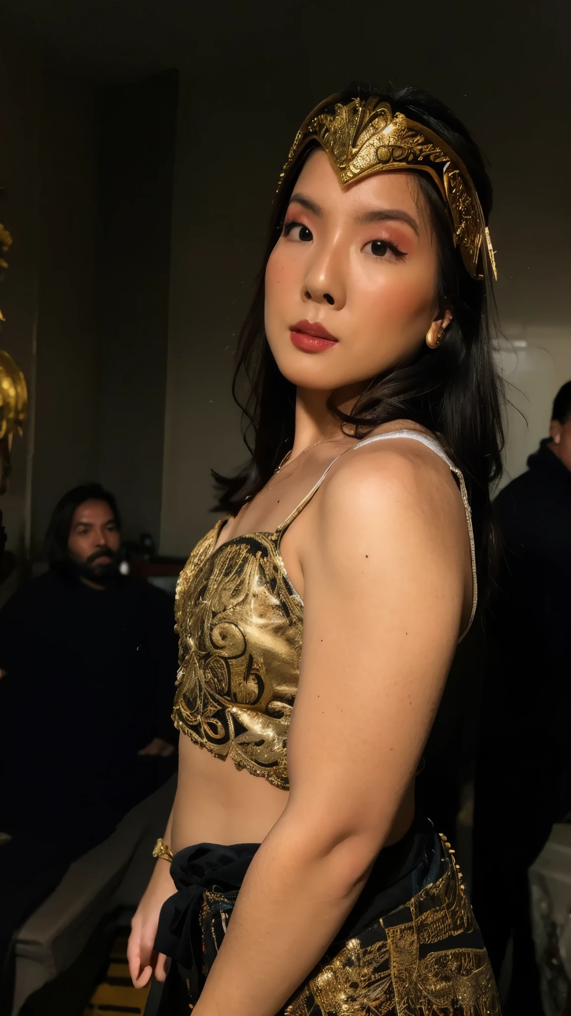 beautiful muscular antique greek spartan warrior asian girl, detailed face with piercing eyes, flowing dark hair, wearing ornate spartan helmet with ornate gold and bronze details, wearing detailed spartan battle armor with intricate gold and bronze designs, holding a golden sword, dramatic lighting, cinematic angle, highly detailed, photorealistic, 8k, masterpiece