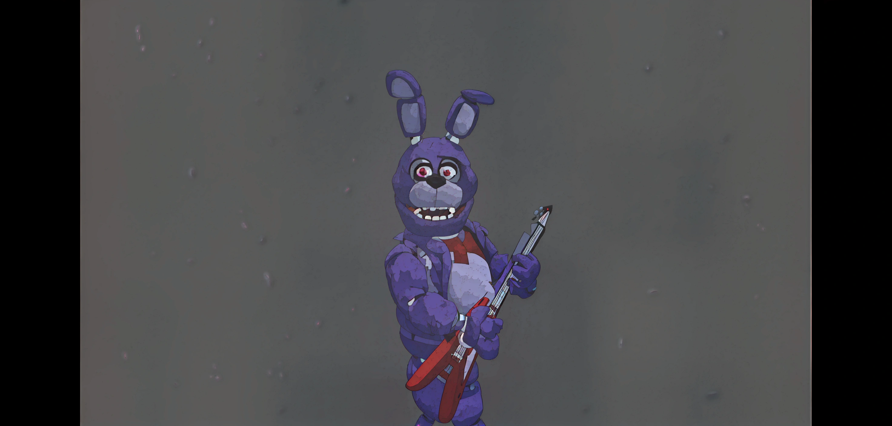 A creepy purple rabbit animatronic, holding a red guitar, art style cartoon (BONNIE FROM FNAF)