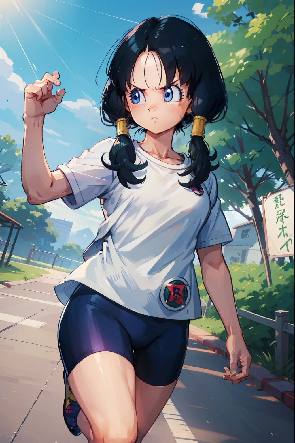 Videl,Saw 2,Low twin tails,White T-shirt,badge, bicycle_Shorts,Green shoes,Serious face,Fantastic forest,Ultra-high quality,Highest quality,4K quality,Energy Wave,walk,blue eyes,