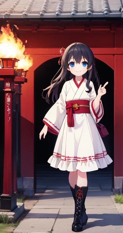 festival, a puppy, fire texture, smiling, walking, frilled clothing, japanese clothes, boots, with a shrine,data,black long hair, blue eyes, high school student,