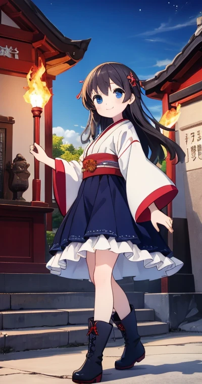 festival, a puppy, fire texture, smiling, walking, frilled clothing, japanese clothes, boots, with a shrine,data,black long hair, blue eyes, high school student,