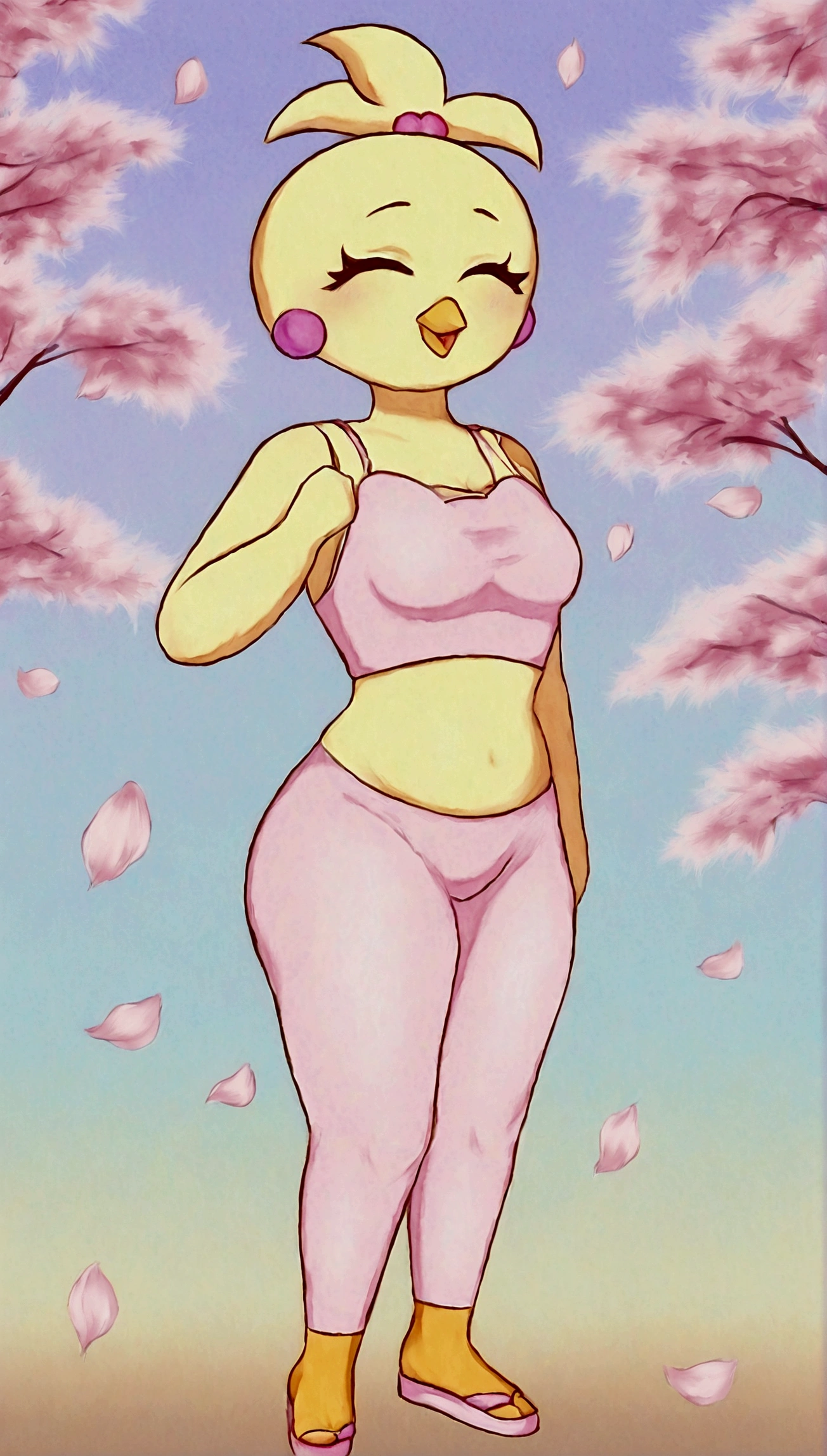 "((charming)) chica giginka, ((PlayStation 5 inspired costume)), cherry blossom backdrop, ((ethereal atmosphere)), ((Soft pastel tones)), detailed painting, ((Captivating look)), masterpiece

