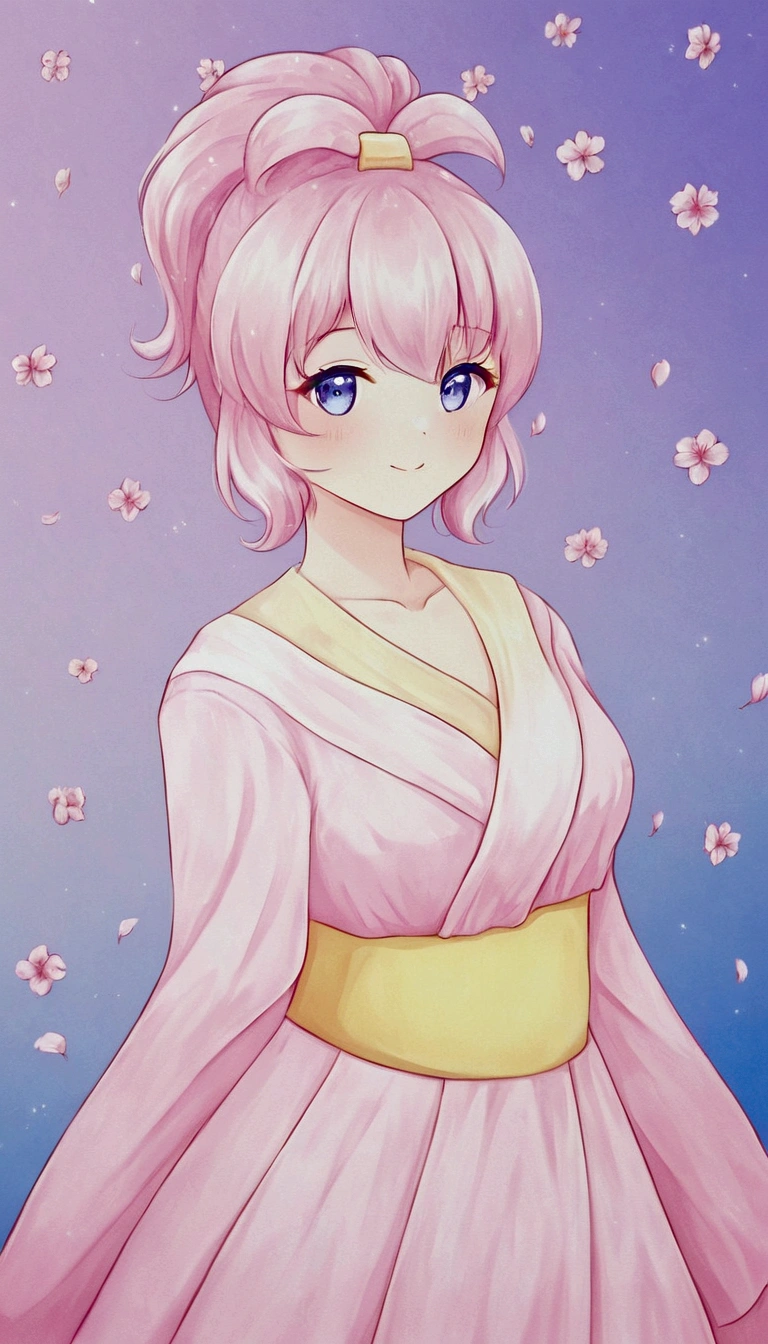 "((charming)) chica giginka, ((PlayStation 5 inspired costume)), cherry blossom backdrop, ((ethereal atmosphere)), ((Soft pastel tones)), detailed painting, ((Captivating look)), masterpiece

