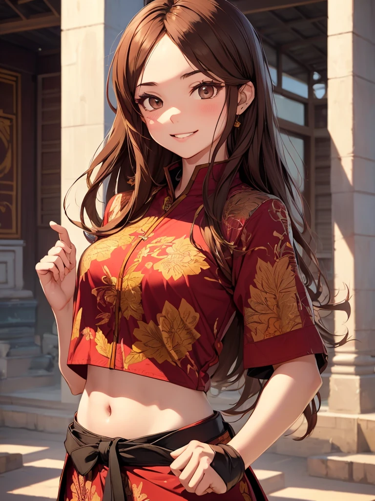 Indonesian teenage girl. White skin. Rookie martial artist. Indonesian silat. Red batik martial arts outfit. Flat chest. Brown hair. At the temple. Beautiful teenage face. Cute smile. 