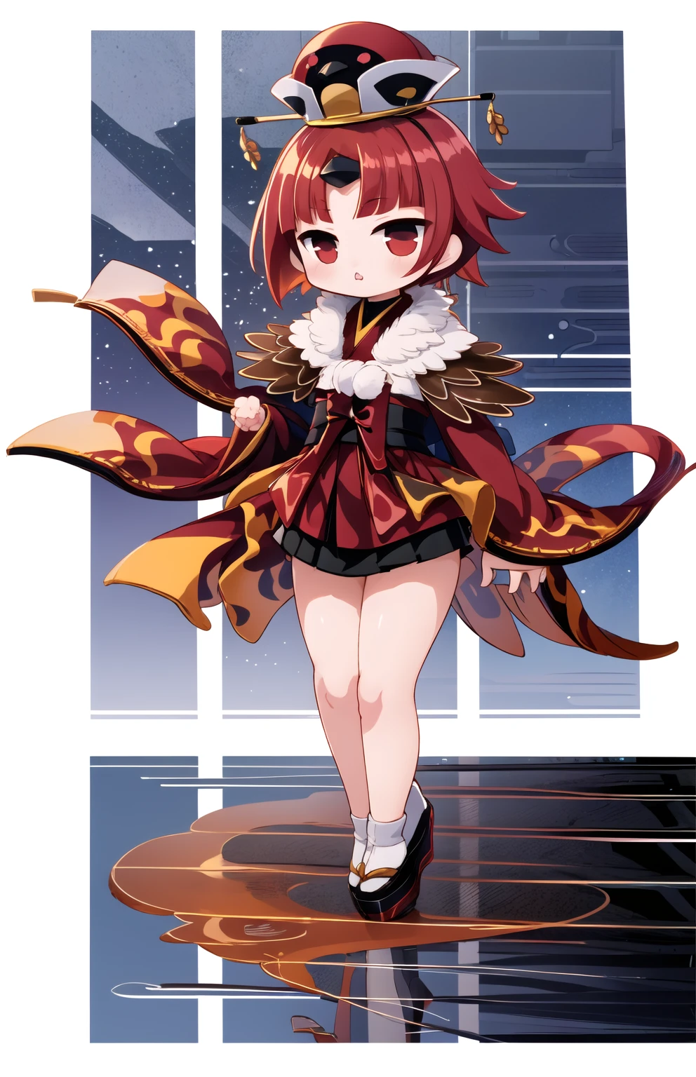 (Highest quality,Masterpieces:1.2),(((chibi:1.5))) ,chibi,One girl,whole body,((wide shot:1.6)),red japanese clothes,kimono,Small hat,red hair, parted bangs,Simple Background,ribbon,Black Mini Skirt