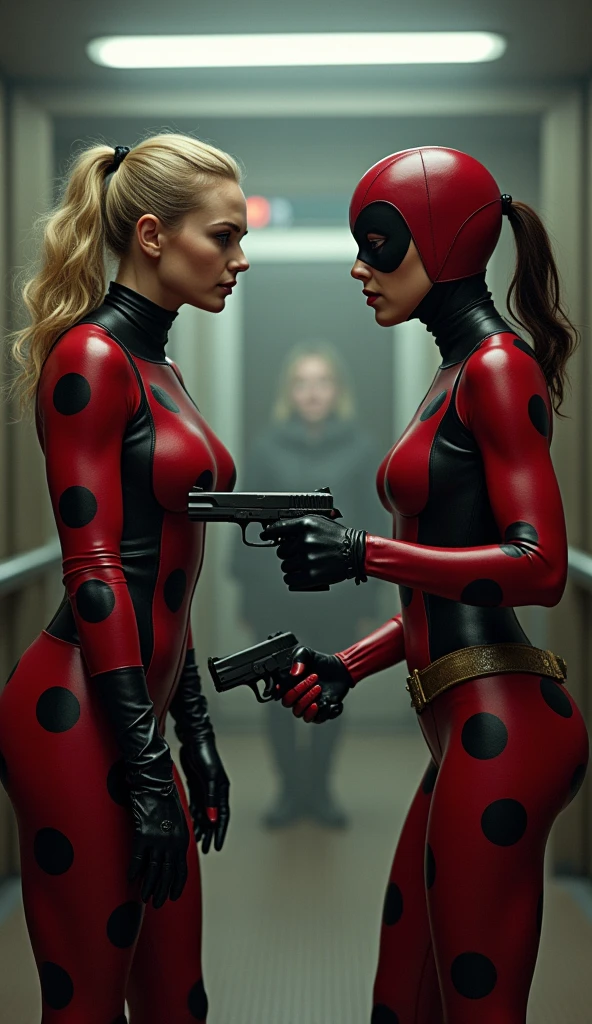 3 famme qui font un braquege dans une bijouterie qui vide tout les vitres en tenue de ladybug avec 3 pistolets et elle porte des cagoule 