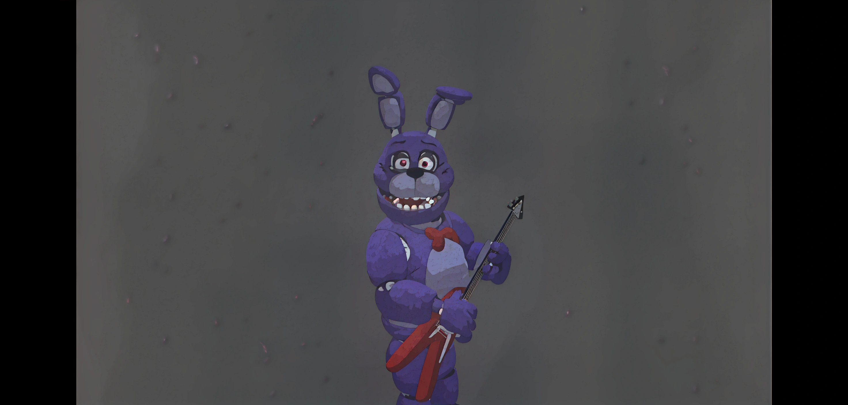 A creepy purple rabbit animatronic, holding a red guitar, art style cartoon (BONNIE FROM FNAF)